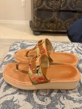 ALDO Tan Floral Embroidered Platform Sandals